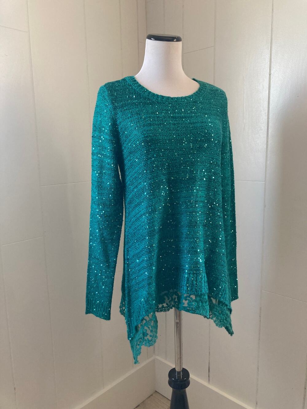 New Directions Green Sequined Pullover Sweater, Size M